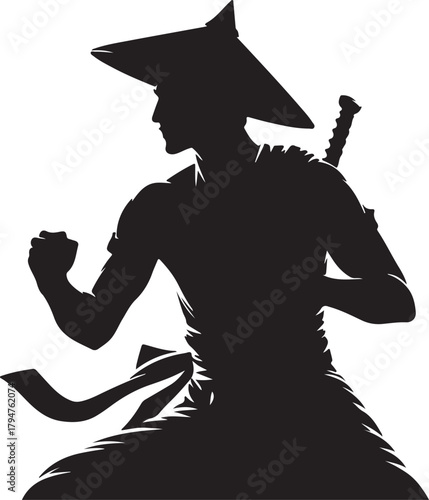 A dynamic silhouette of a Javanese warrior, capturing the essence of martial prowess and traditional attire.