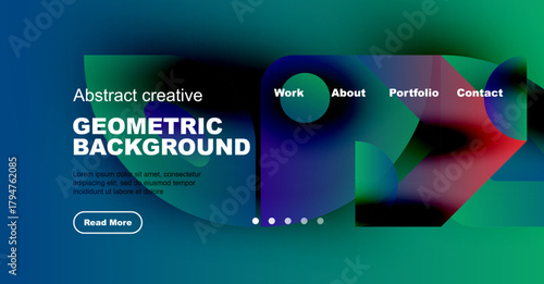Website mockup displays vibrant abstract shapes, text elements, navigation menu. Modern design promotes creative portfolio presentation.