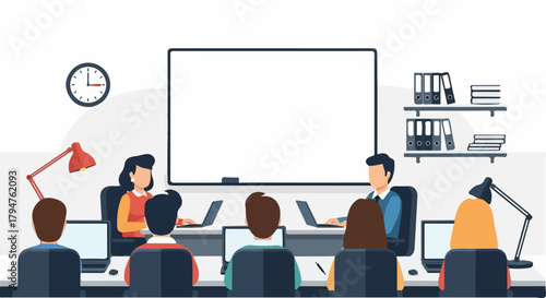 Business Meeting with Laptop, Presentation Board Illustration