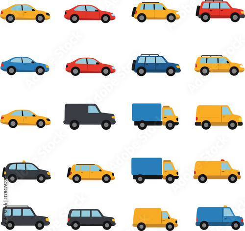 Collection of various types of vehicles, including cars and trucks, on a white background
