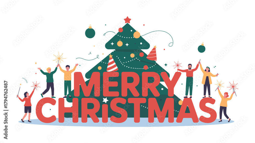 Fototapeta premium Festive Gathering: A vibrant illustration shows people celebrating merry christmas.