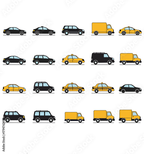 Diverse collection of line art icons representing urban commuter vehicles and transport