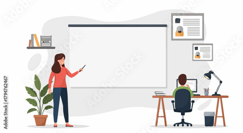 Online Education Illustration with Teacher and Student