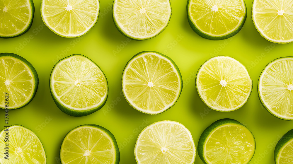 Fototapeta premium Sliced limes on a vibrant green background