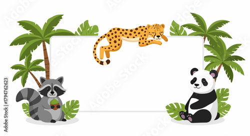 Jungle Animals Frame with Raccoon, Cheetah, and Panda