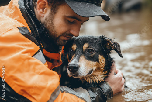 Generative AI image of a rescue worker holding a wet dog in floodwater, capturing emotion, trust, and the powerful bond between human and animal