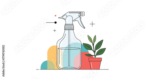 Gardening spray bottle and healthy plant growth