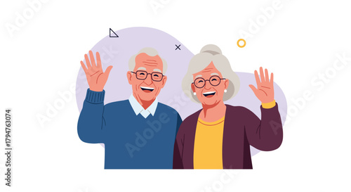 Happy elderly couple waving hello and smiling