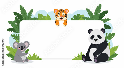 Cartoon Animals Frame with Tropical Foliage