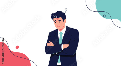 Confused businessman with arms crossed and a question mark above his head