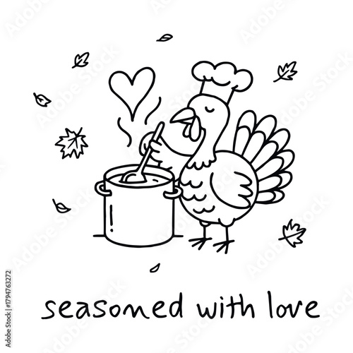 Black-and-white cartoon illustration of turkey in chef’s hat stirring steaming pot with heart and autumn leaves in whimsical seasonal cooking theme, vector