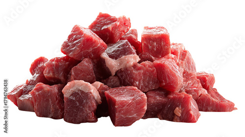 A pile of raw beef cubes, , ready for cooking or stewing, showcasing fresh, lean meat with visible fat marbling