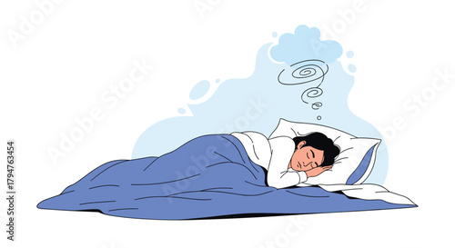 Man Sleeping Peaceful and Dreaming With Thoughts Floating Above