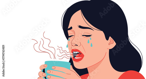 Woman Crying While Drinking Hot Beverage Feeling Sad
