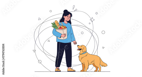 Woman and her dog returning from the grocery store