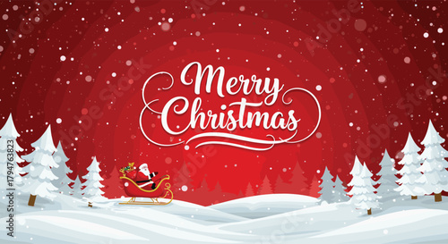 Merry Christmas winter landscape scene, Santa sleigh with reindeer on snowy hills, festive red background, holiday greeting card design, falling snowflakes, pine tree forest