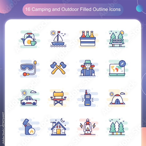 Camping Outdoor Icons – Filled Outline Style Set 4