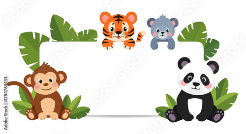 Cartoon Jungle Animals with Tropical Leaves and Frame