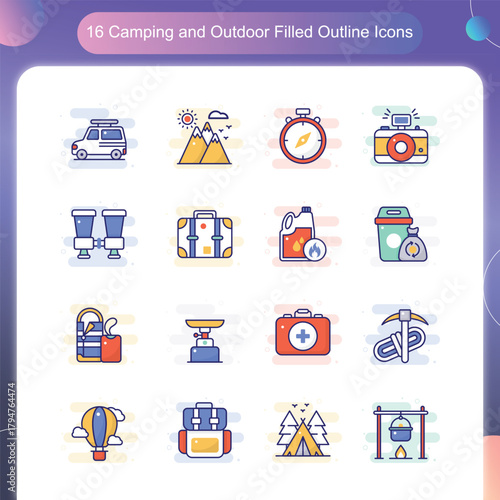Camping Outdoor Icons – Filled Outline Style Set 1
