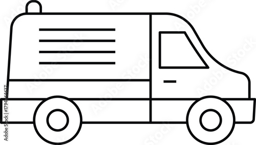Line art illustration of a stylized ambulance van with emergency light on top, side view, isolated graphic