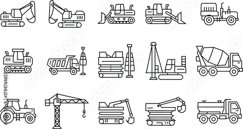 Collection of construction equipment illustrations, line art icons for heavy machinery, vehicles, and tools on white background.