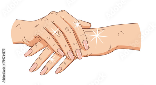 Beautifully manicured hands with sparkling nails in soft lighting