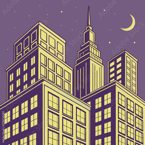 Pop Art Style Night City Skyline with Moon and Stars Vector