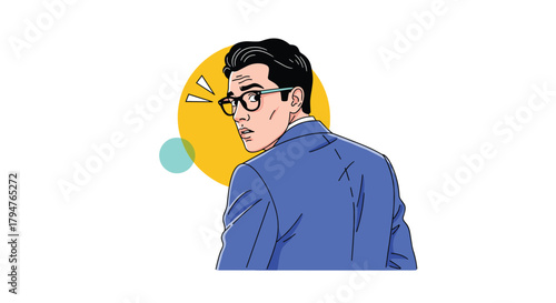 Man in blue suit looking sideways with surprised expression