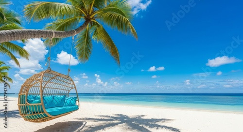 Fototapeta Naklejka Na Ścianę i Meble -  A swing hanging from a palm tree on a tropical beach with blue cushions and a clear blue sky above it