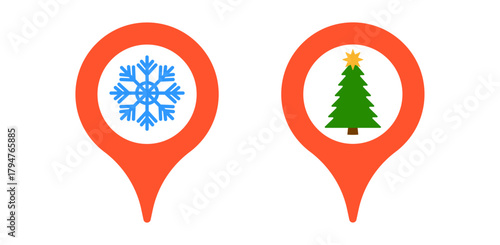 Set of two red map pin icons, one containing a blue snowflake and the other containing a green Christmas tree vector illustration
