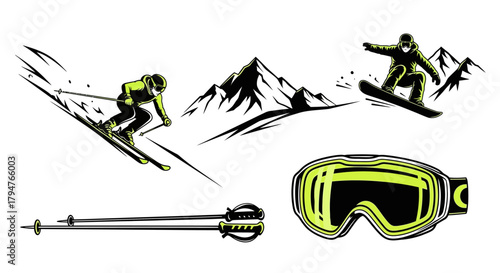 Exciting winter sports adventure illustration featuring skiing, snowboarding, and majestic mountain views perfect for active lifestyle brands
