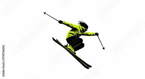 Dynamic skier soaring through the air with electrifying neon green gear for an active lifestyle brand or winter sports campaign that demands attention