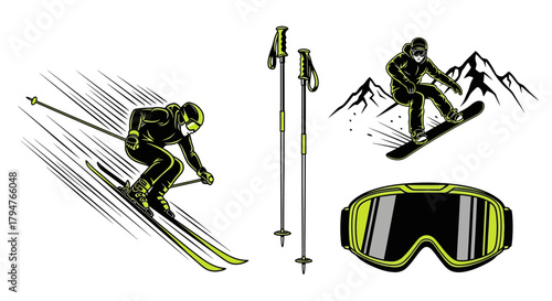 Dynamic winter sports collection featuring downhill skier, snowboarder jumping over mountains, ski poles, and goggles ready for snowy mountain adventures