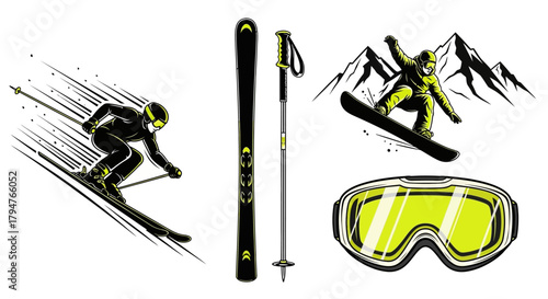 Get ready for winter sports with this vibrant skiing and snowboarding design element showcasing adventure and fun on the slopes for your next project