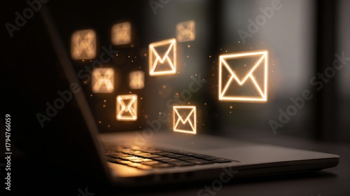 Digital communication concept glowing email icons emerge from laptop screen creating modern connection and outreach