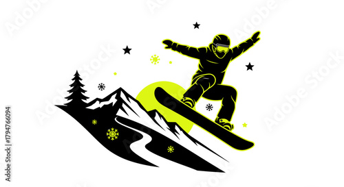 Dynamic snowboarder silhouette soaring through snowy mountain landscape with bright sun and stars, celebrating winter sport adventure and freedom