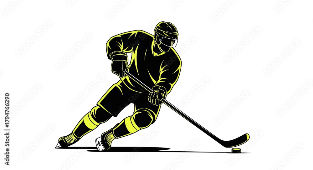 Obraz premium Dynamic hockey player in action, ready to score the winning goal with speed and skill, perfect for sports advertising and team branding needs