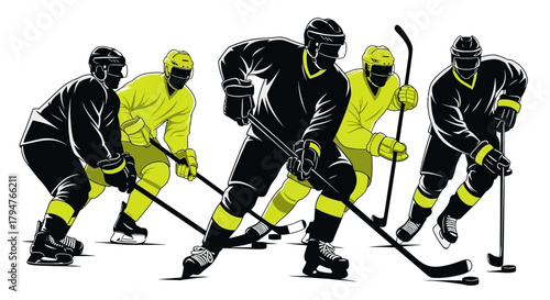 Dynamic ice hockey team illustration, focused on teamwork and athletic competition, perfect for sports promotions and youth engagement campaigns