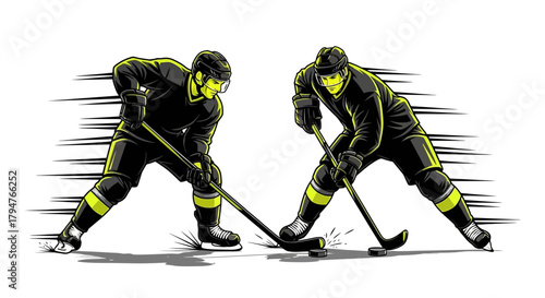 Dynamic hockey players face off in intense game competition, energized sports action and fierce rivalry illustration for team spirit and competitive edge