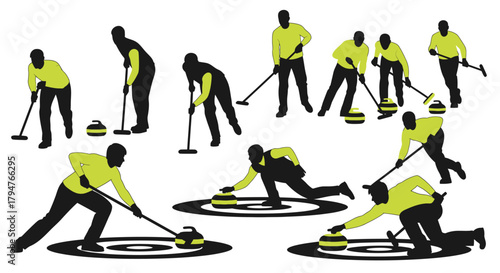 Dynamic curling team silhouettes showcase teamwork and precision during intense winter sports competition on ice with brooms and stones, emphasizing strategy