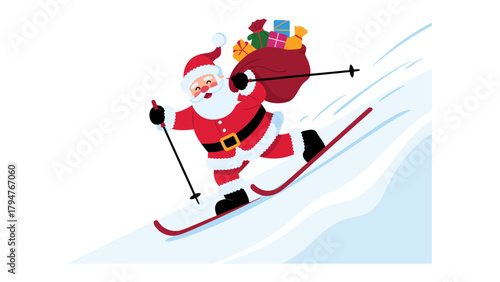 Santa's Skiing Delivery: Santa Claus, a jovial figure in his iconic red suit, effortlessly skis down a snowy slope with a sack full of gifts slung over his shoulder.