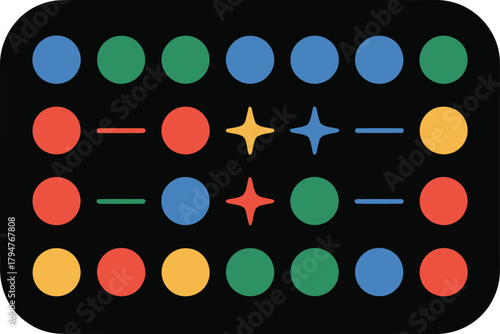 Vibrant abstract pattern showcasing an orderly grid of multicolored geometric elements: circles, lines, and four-pointed stars, symbolizing data, connections, and modern digital processes.