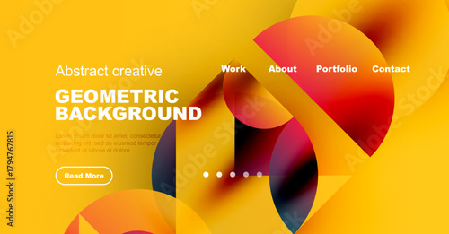 Bright abstract geometric background. Yellow, orange, purple hues dominate design. Text elements present, navigation visible. Modern aesthetic.
