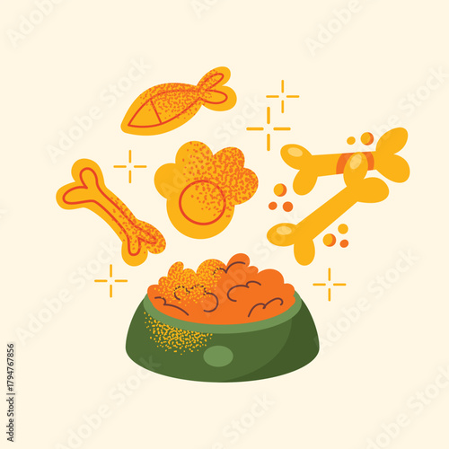 Pet food bowl with kibble, fish-shaped treat, bone treats and paw-shaped treat illustrated in vector style. Cartoon pet supply vector illustration. Animal care and feeding concept
