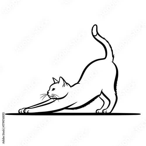 Cat Stretching on Windowsill, Minimalist Black Line Art, Playful Calm Illustration