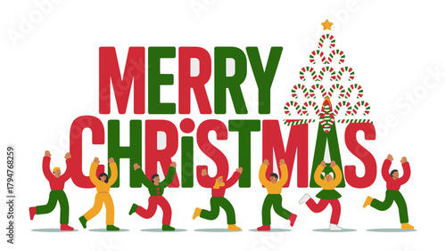 Joyful Christmas Celebration: Illustrative image of Merry Christmas with small human shape dancing in front. This captures the festive spirit with dancing figure. 