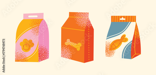 Set of various pet food packages, treats, bones, kibble. Flat vector illustration cartoon pet supplement meal snack. Animal care and feeding concept