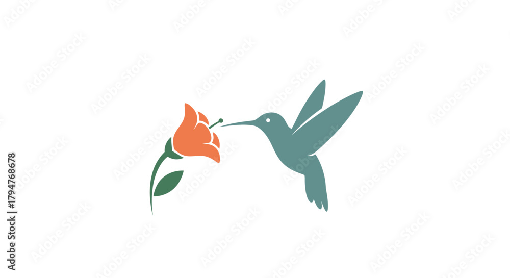 Fototapeta premium Minimalistic representation of a hummingbird approaching a vibrant blossom in clean design