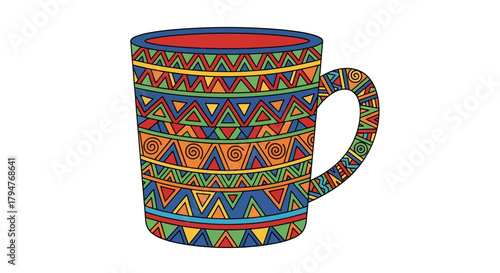 Artistic mug with tribal patterns offering vibrant colors and cultural motifs an enticing visual