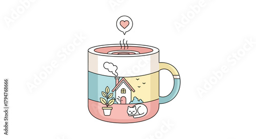 Aesthetic mug illustration featuring a homey scene with a cat, house, and plant design expressing